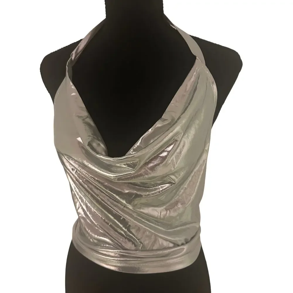 Y2K Silver Metallic Halter Cowl Neck Top Liquid Shine Going Out Party - Picture 7 of 14